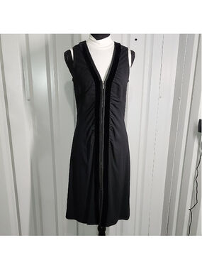 Armani Collezioni Womens Velvet Trim Ruched Black Midi Dress Size 8 Front Zip